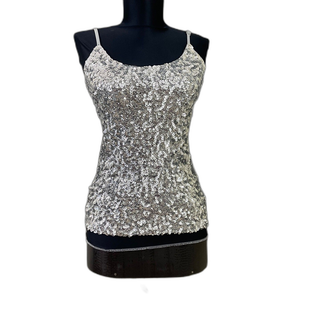 Anna-Kaci Sequin Holiday Sparkle Tank blouse top women’s size S silver Lined